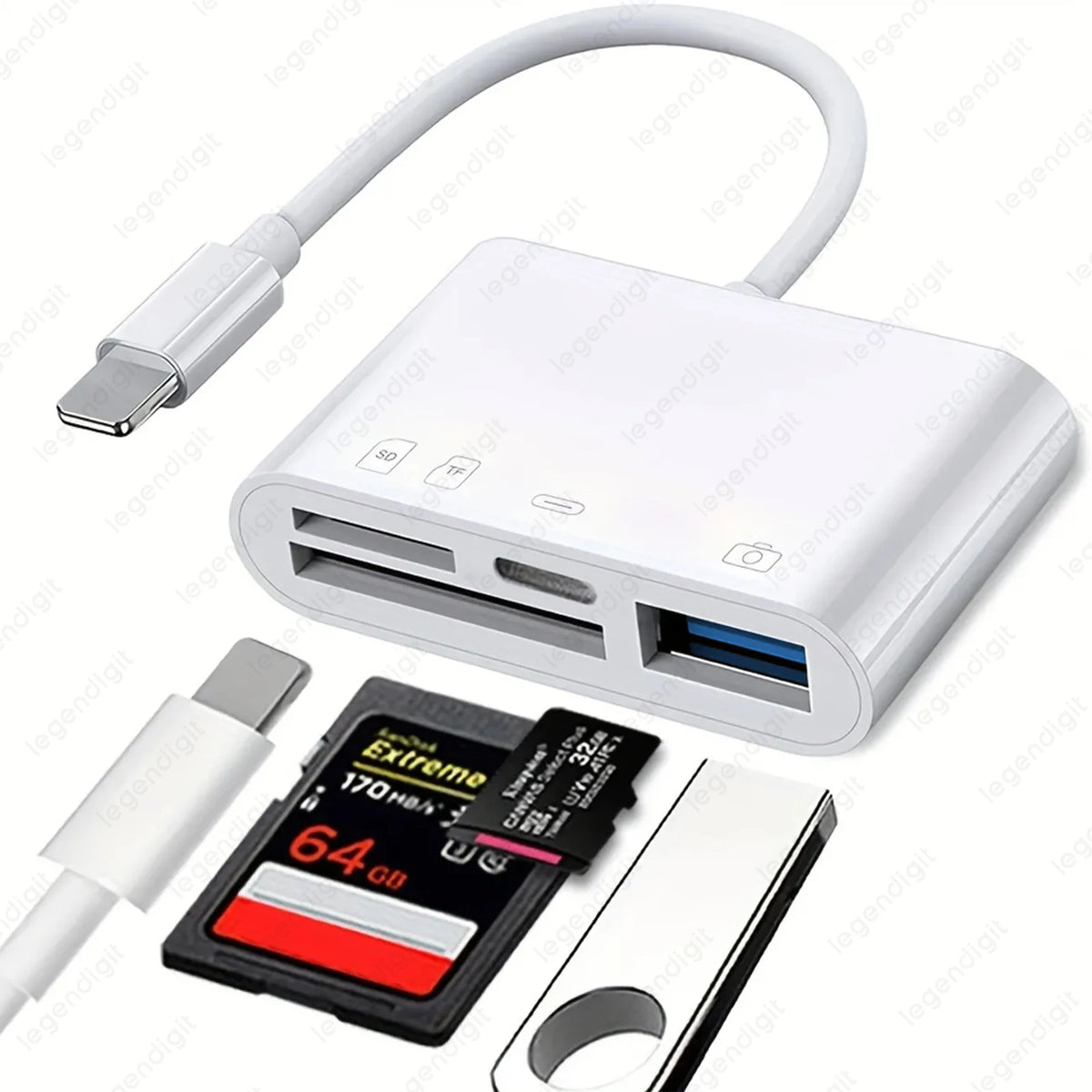 A white 4-in-1 Lightning card reader device with a cable and a memory card shown next to an iPhone