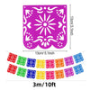 Purple papel picado banner featuring a stylized sun design and decorative cutouts for a Día de Muertos celebration.