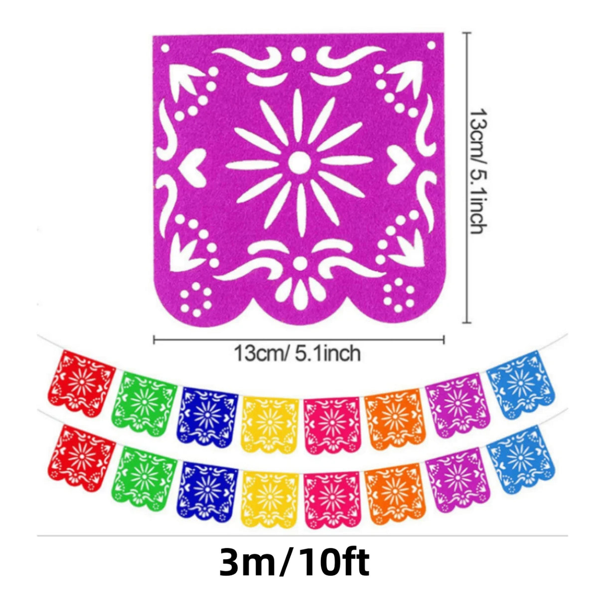 Purple papel picado banner featuring a stylized sun design and decorative cutouts for a Día de Muertos celebration.
