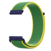 A green and yellow nylon loop watch strap is shown, featuring a purple buckle.
