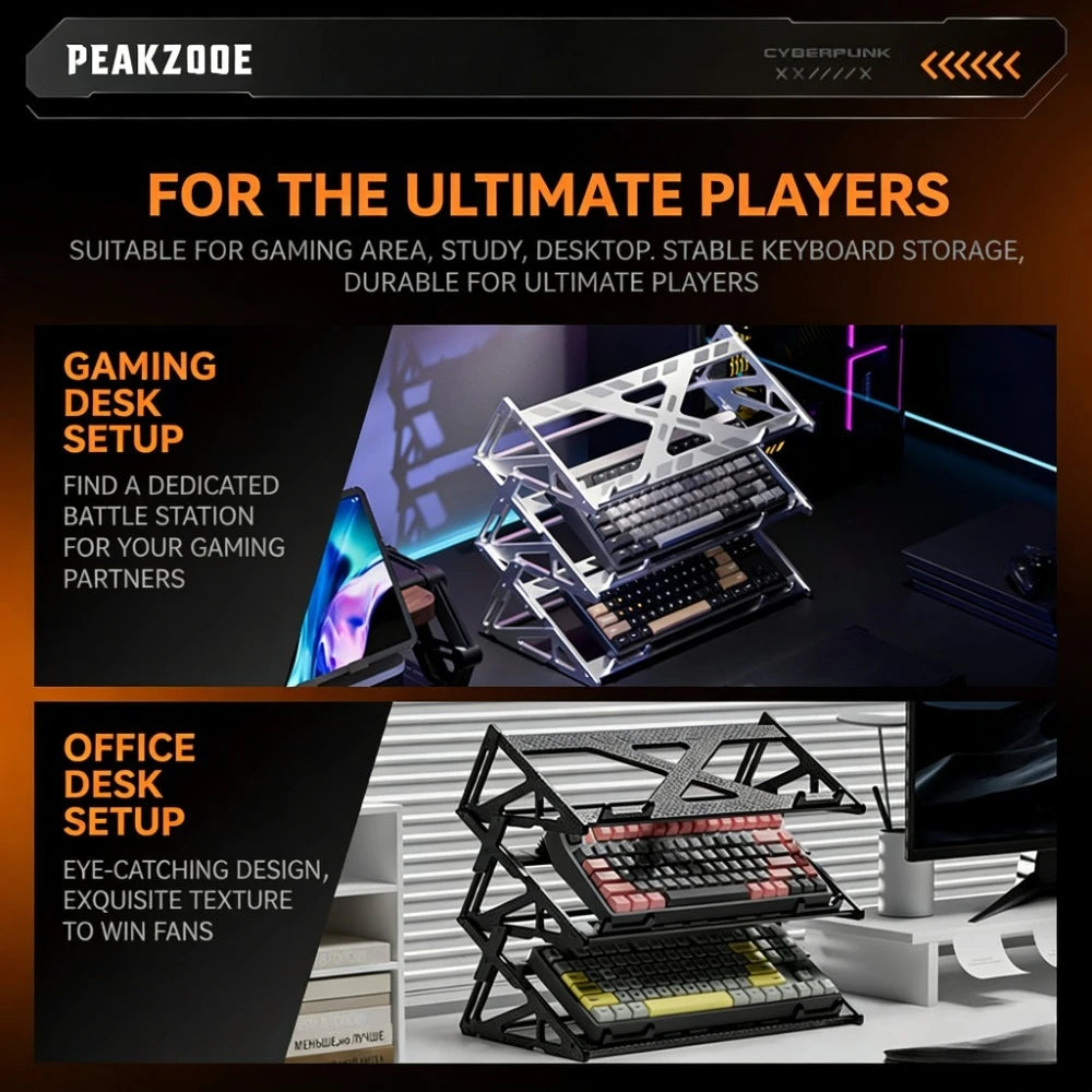 A black metal display stand holding a mechanical keyboard, designed for gamers and office setups.