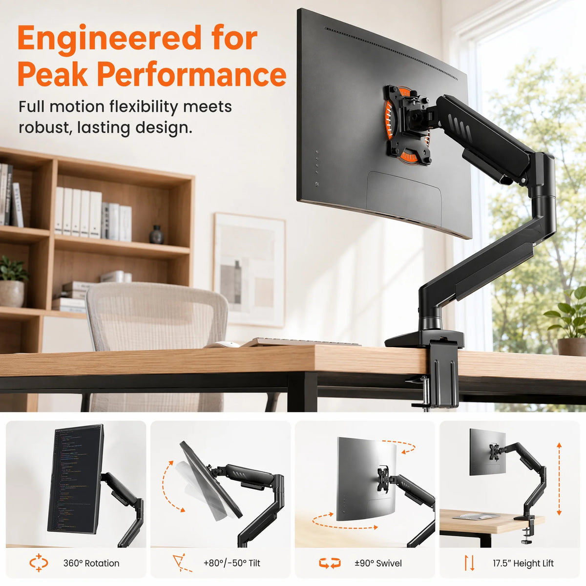 A black monitor arm is shown with various adjustment features including 360 rotation, tilt, swivel, and height adjustment.