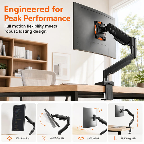 A black monitor arm is shown with various adjustment features including 360 rotation, tilt, swivel, and height adjustment.