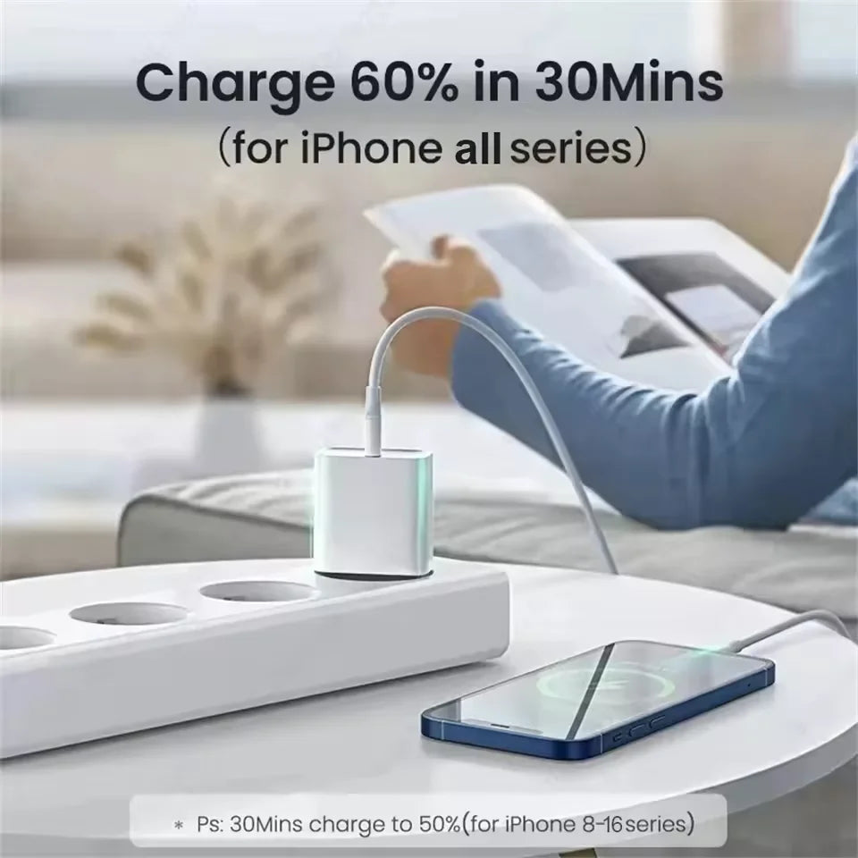 A white portable charger is shown next to an iPhone, demonstrating a fast charging capability for Apple devices.