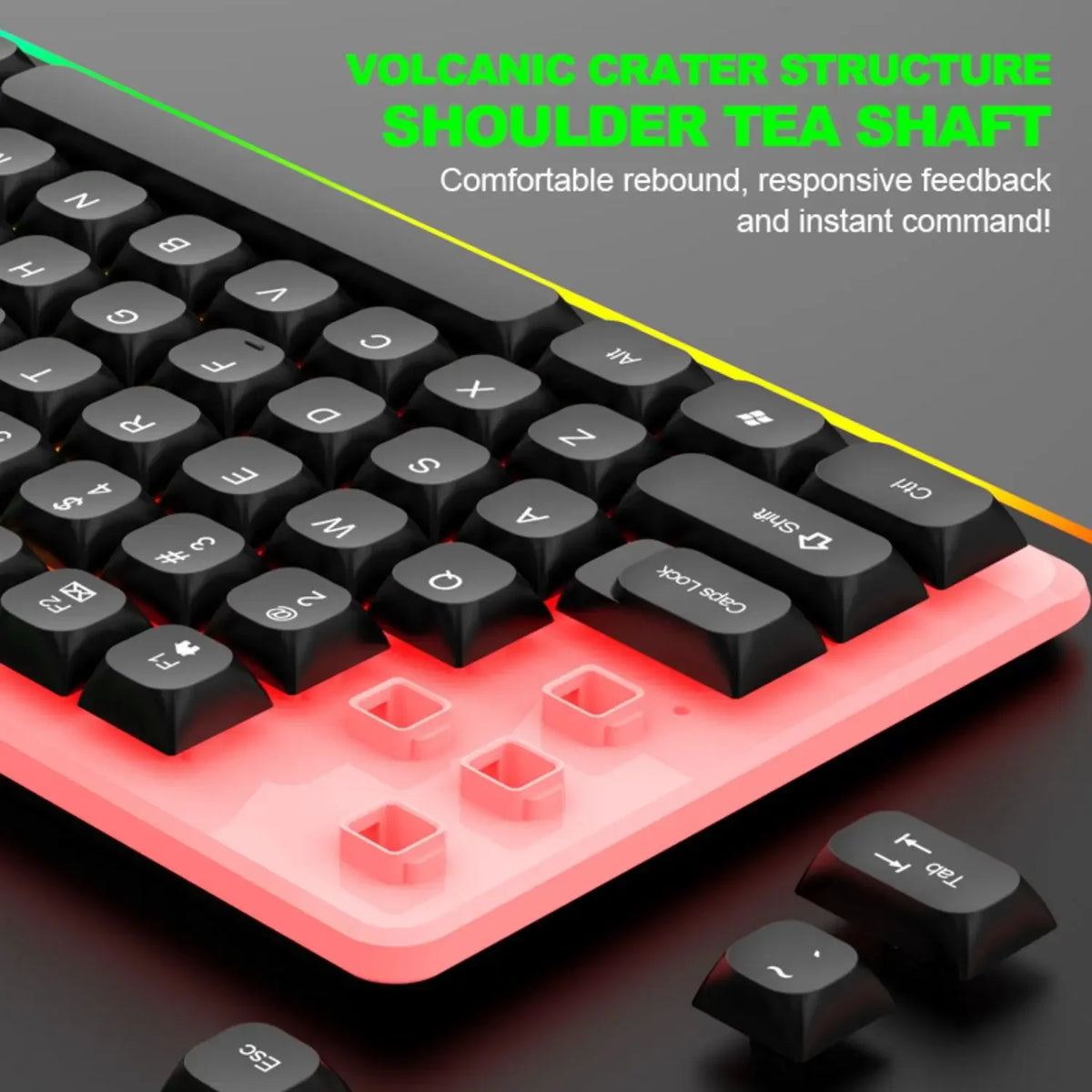 A close-up view of a pink mechanical keyboard featuring a teal structure shoulder tea shaft and black keys.