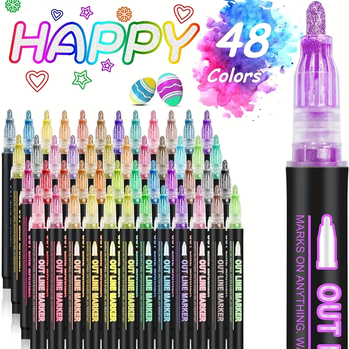 A set of 48 colorful double line outline markers in various shades and tips.