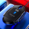 A black wired gaming mouse with blue accents is shown resting on a blue surface.