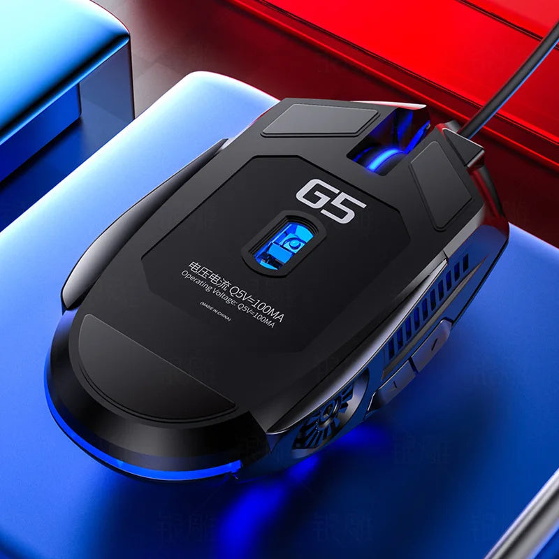 A black wired gaming mouse with blue accents is shown resting on a blue surface.