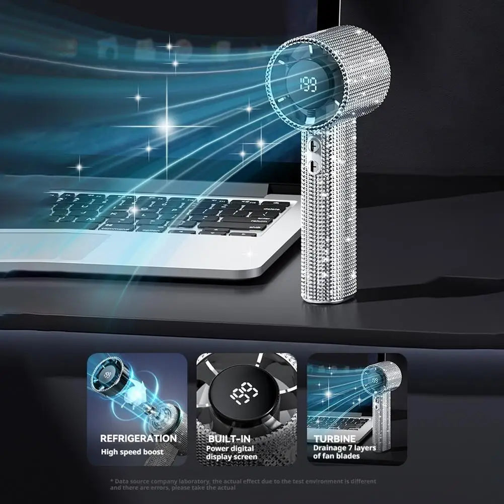 A silver handheld cooling fan with a digital display is shown next to a laptop.