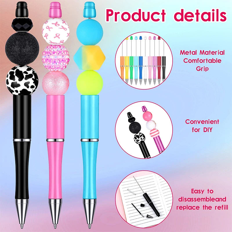 A set of colorful plastic beaded ballpoint pens shown with details on material, grip, DIY convenience, and easy refill replac