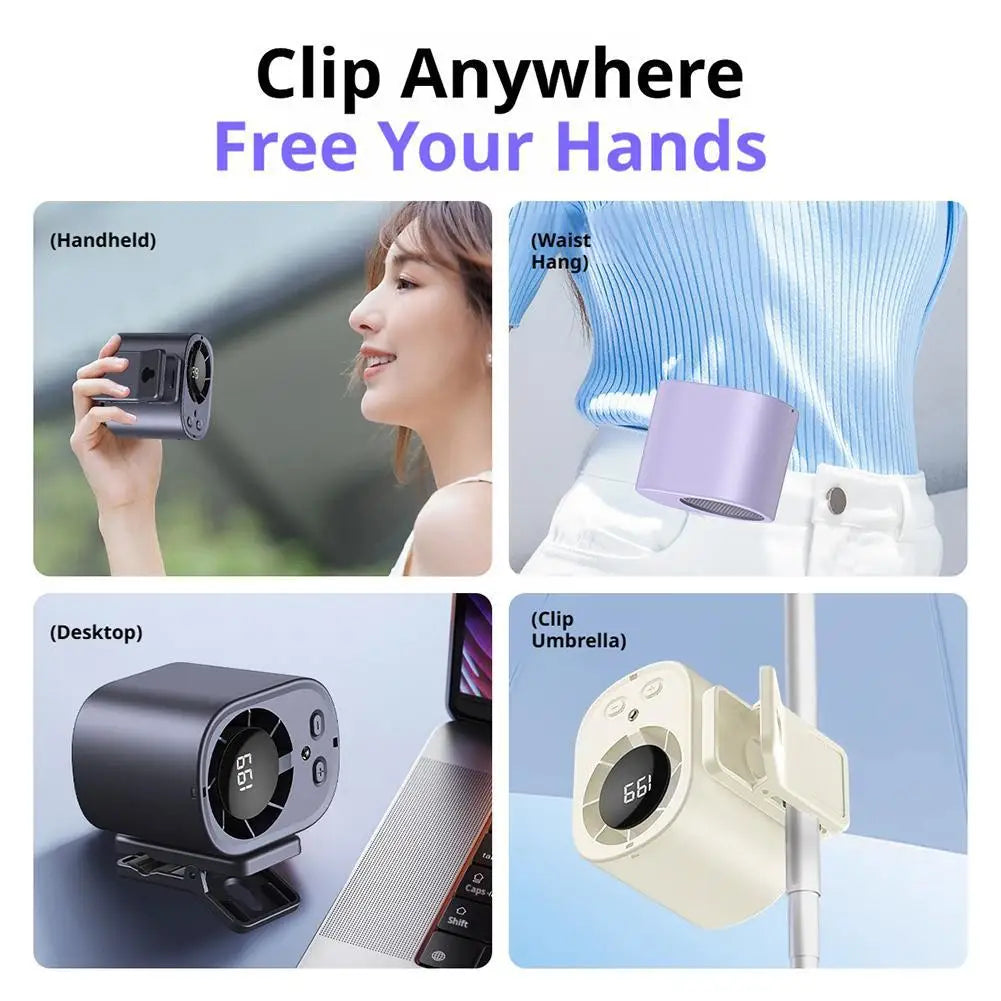 Various ways to clip a portable car cooling fan including handheld, waist hang, desktop mount, and umbrella mount.