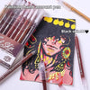 A set of Morandi Gel Pens in various shades is displayed next to a notebook featuring a black skin illustration.