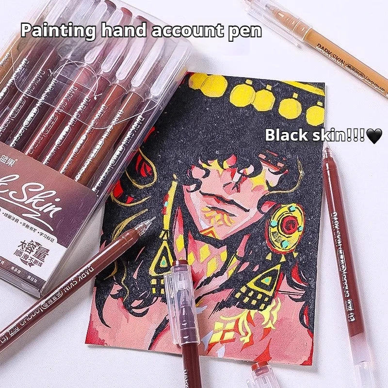 A set of Morandi Gel Pens in various shades is displayed next to a notebook featuring a black skin illustration.