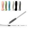 A set of silicone pen grip sleeves in various colors, including pink, green, blue, white, and black, shown next to a silver d