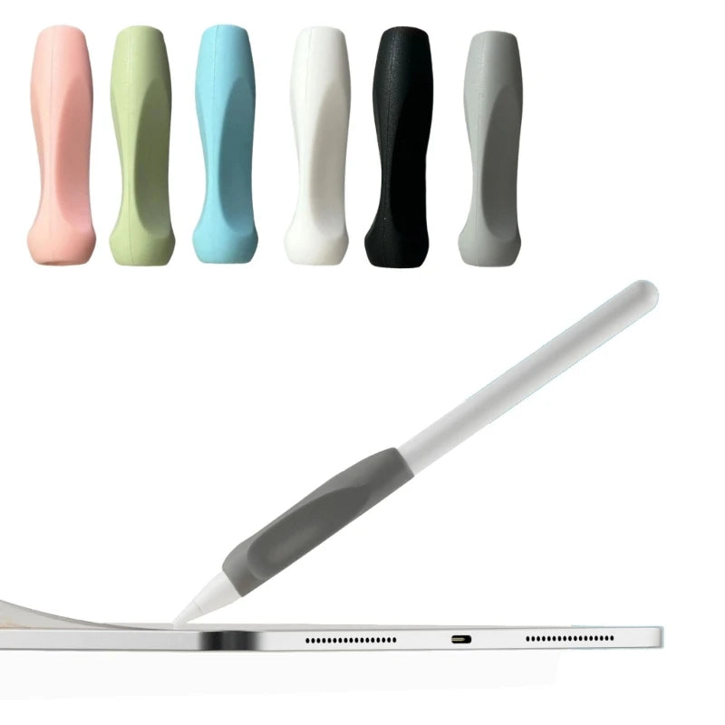 A set of silicone pen grip sleeves in various colors, including pink, green, blue, white, and black, shown next to a silver d