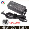 Black AC adapter for laptop with output 20V 3.25A and 65W power, featuring a 4.0x1.7mm connector.