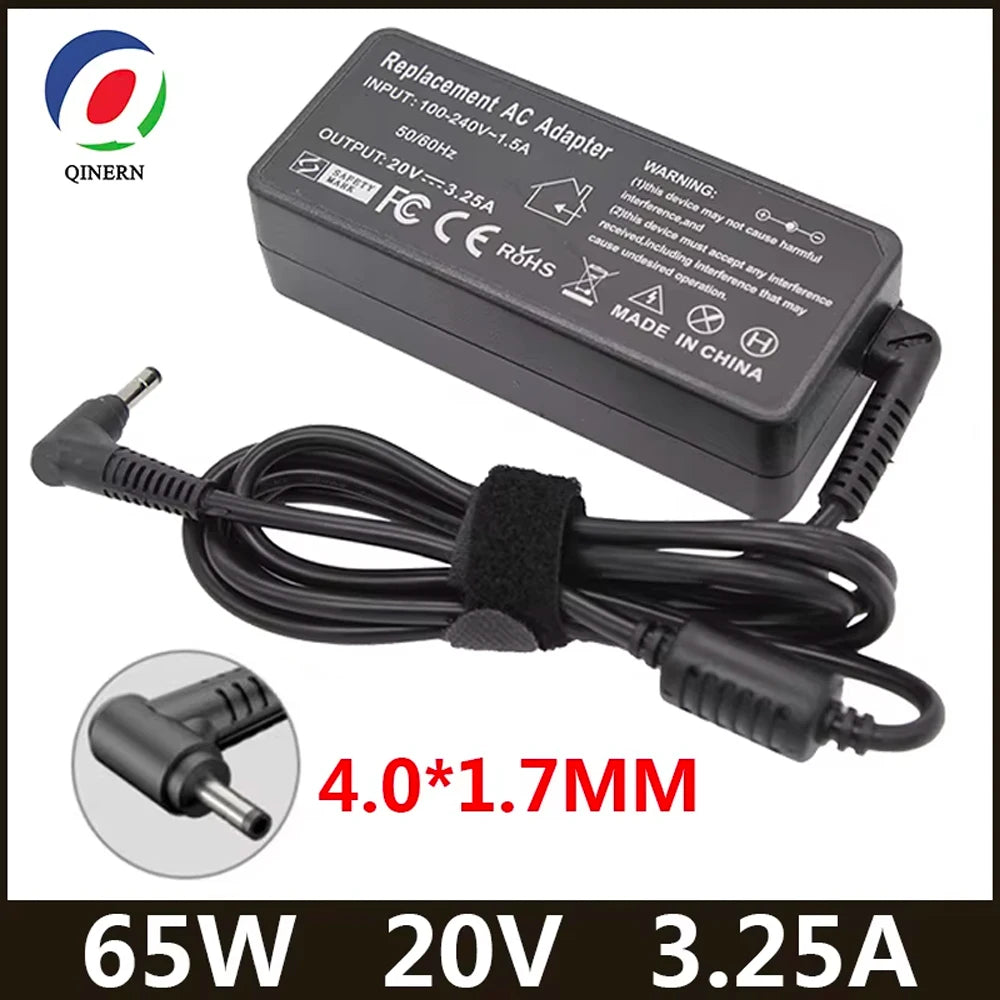 Black AC adapter for laptop with output 20V 3.25A and 65W power, featuring a 4.0x1.7mm connector.