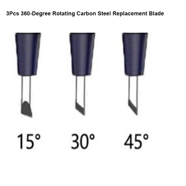 Three replacement blades for a 360-degree rotating carbon steel art cutting tool at 15, 30, and 45-degree angles.