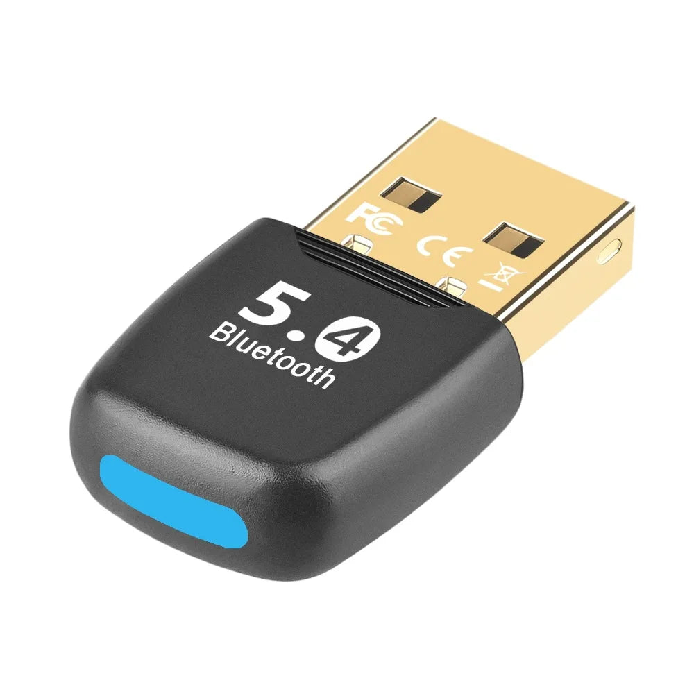 A black universal Bluetooth adapter with a gold connector and a blue switch.