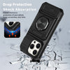 Black magnetic ring kickstand phone case demonstrating drop protection and shock absorption against falling glass.