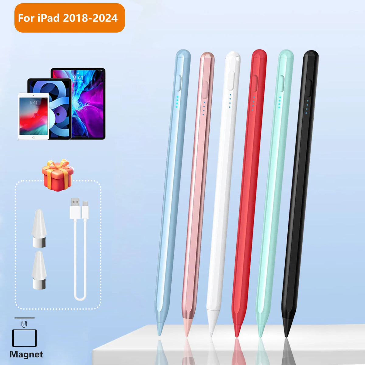 Eine Sammlung verschiedenfarbiger Präzisions-Tilt-Sensoren-Stifte für iPad, gezeigt neben einem magnetischen Ladegerät und Ap