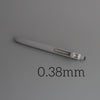 A close-up view of a silver precision gel pen with quick-drying ink, showing its size marked as 0.38mm.