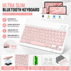 Weißes Ultra-Slim-Bluetooth-Tastature mit verschiedenen Kompatibilitäts- und Funktionssymbolen.