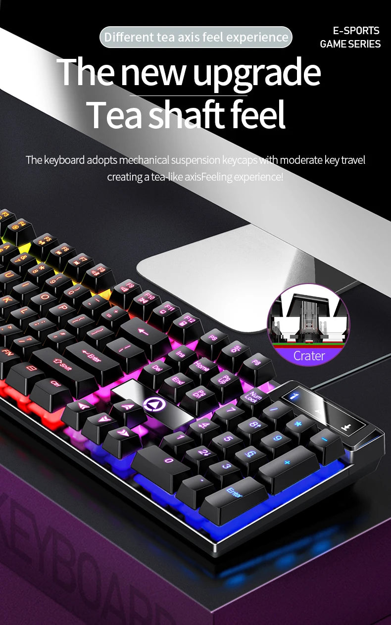 Close-up of a black mechanical keyboard with purple and blue RGB lighting, showing the tea shaft feel upgrade.