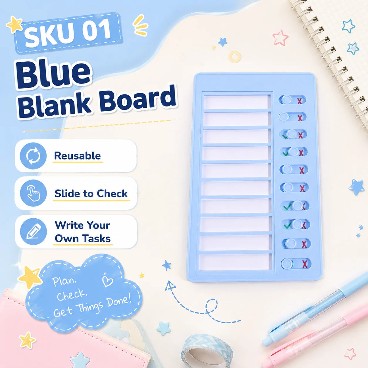 A blue blank board with sliding checklists for tasks and habits, featuring reusable components.