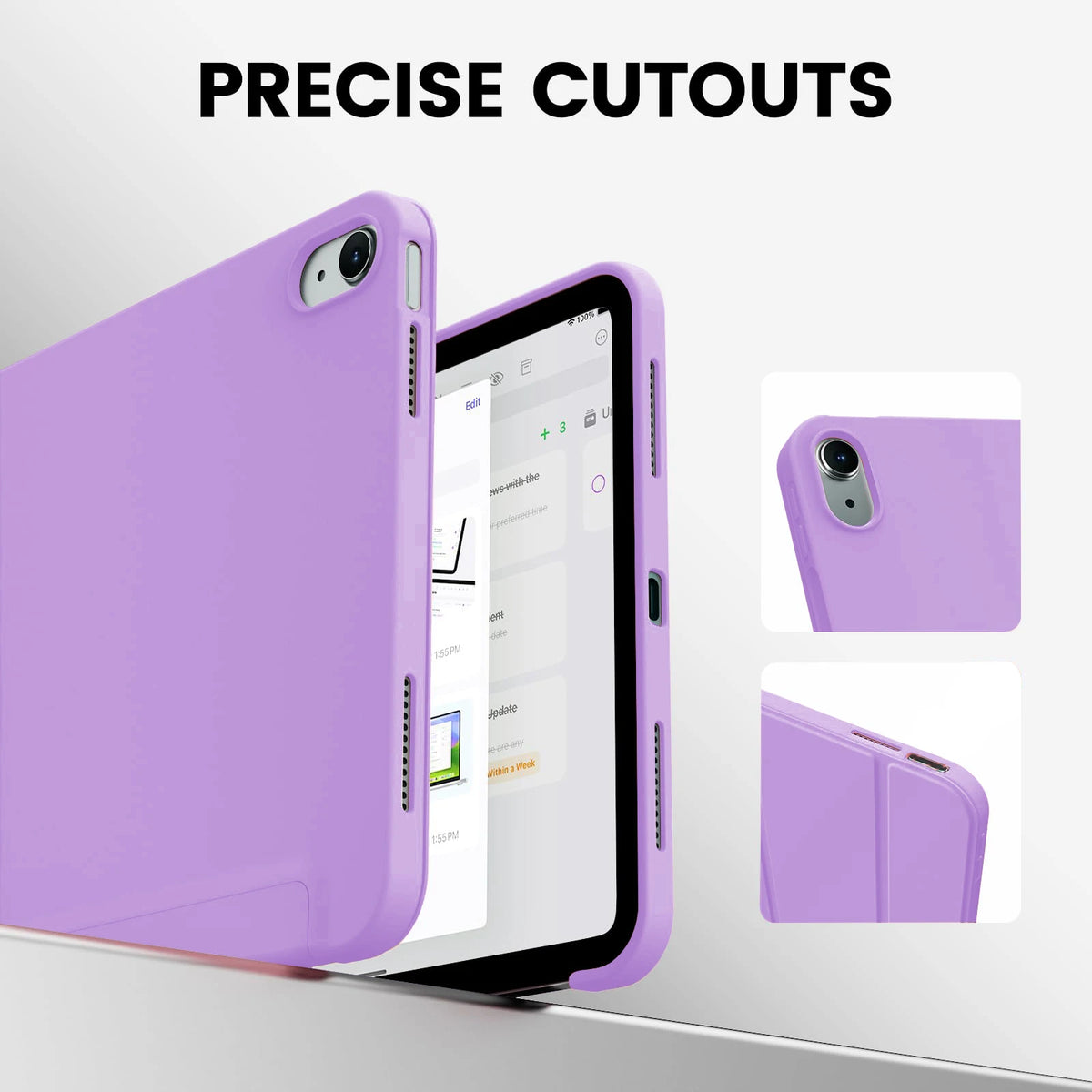Funda magnética plegable morada para iPad, mostrando cortes precisos y varios ángulos.