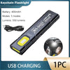 Black keychain flashlight with USB charging cable and a user holding the light.