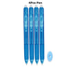 A set of four blue retractable gel pens with a clear cap and a separate blue cap.