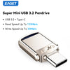 A silver metal body of an Eaget Super Mini USB 3.2 Pendrive with a USB-C connector.