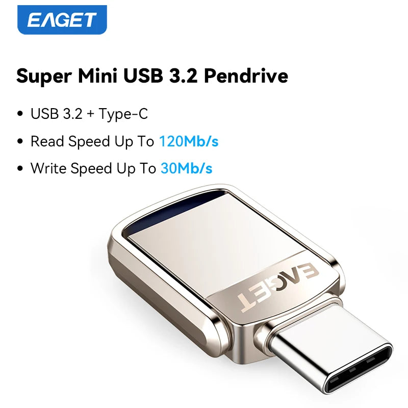 A silver metal body of an Eaget Super Mini USB 3.2 Pendrive with a USB-C connector.