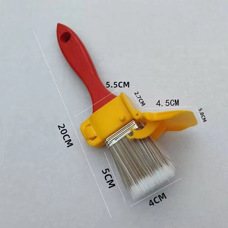 A yellow precision corner paint brush with a red handle and various sized bristles is shown against a white background.