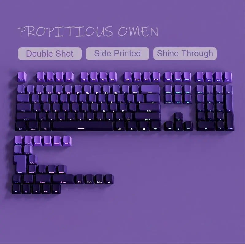 A set of purple gradient keycaps for mechanical keyboards, featuring double shot, side printed, and shine through options.