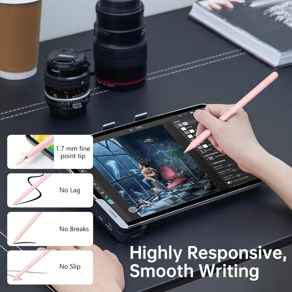 A pink precision stylus pen is shown interacting with an iPad screen, demonstrating smooth writing and high responsiveness.