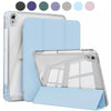 A clear protective case for an Apple iPad is shown with a light blue cover and multiple color options.