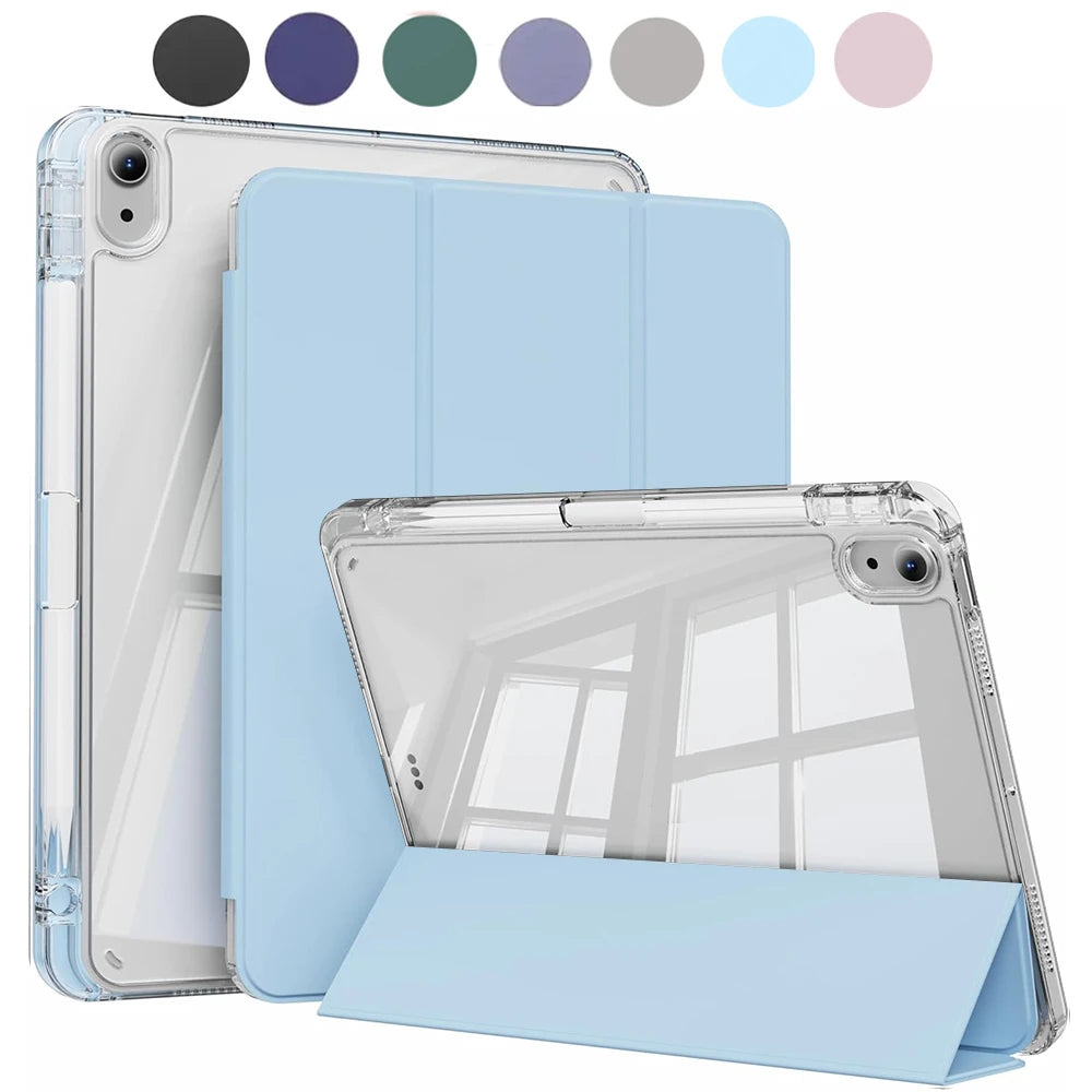 A clear protective case for an Apple iPad is shown with a light blue cover and multiple color options.