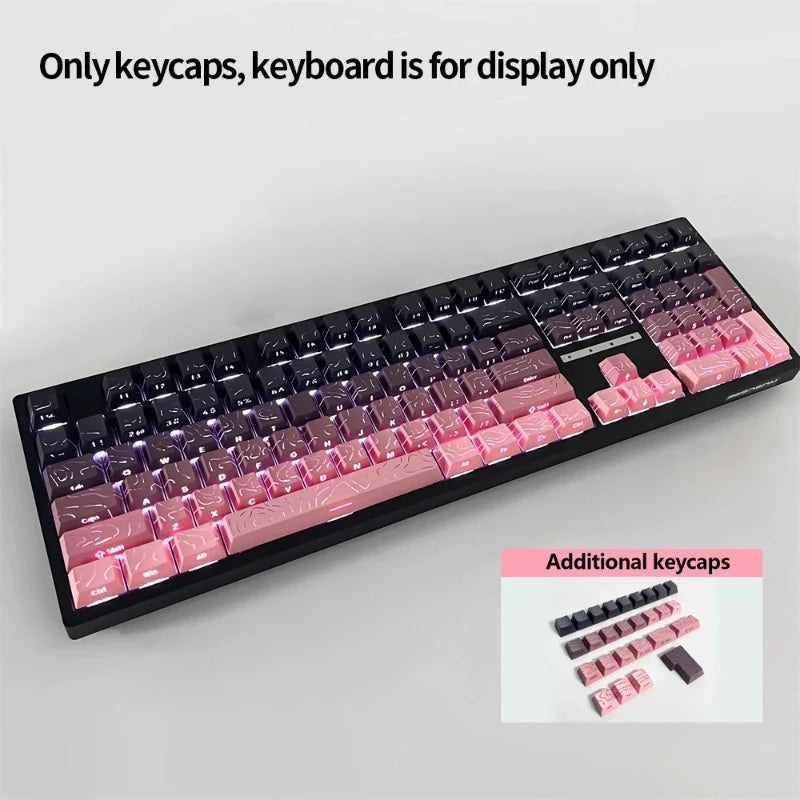 A black keyboard layout showing various pink and purple PBT keycaps, with additional keycaps displayed below.