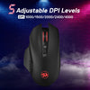 Black Redragon wireless gaming mouse displayed against a brick background with adjustable DPI levels shown.