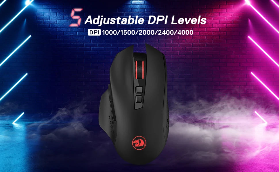 Black Redragon wireless gaming mouse displayed against a brick background with adjustable DPI levels shown.