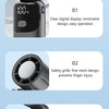 Close-up shots of a portable rechargeable handheld cooling fan highlighting its display, safety grille, and Type-C charging p