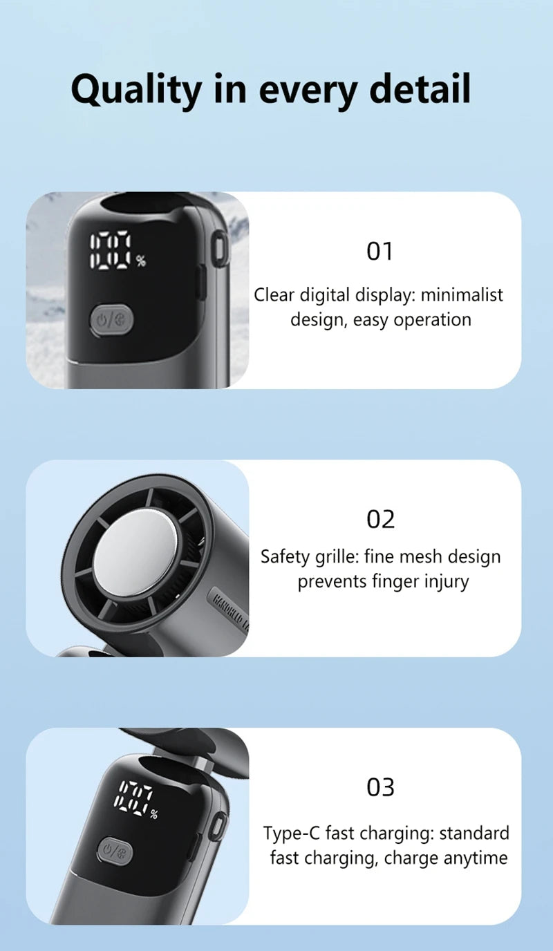 Close-up shots of a portable rechargeable handheld cooling fan highlighting its display, safety grille, and Type-C charging p
