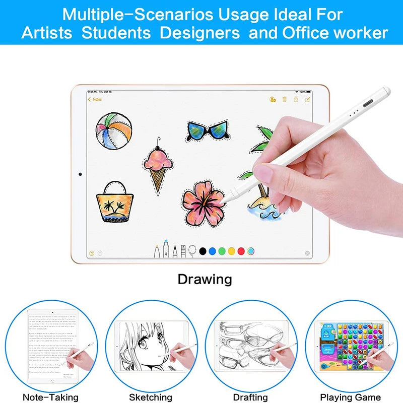 A hand holds a white stylus pen drawing on an iPad screen, demonstrating various artistic and professional scenarios.
