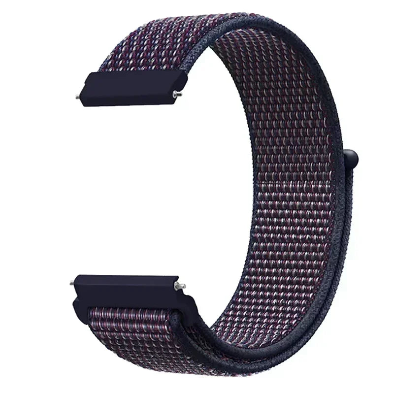 A close-up view of a dark purple nylon loop watch strap for a child's watch.