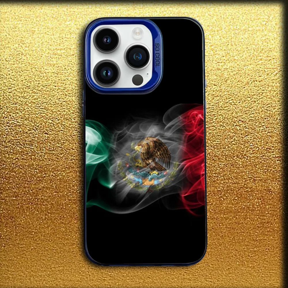 A black iPhone case featuring a graphic design of the Mexican flag with an eagle and olive branch silhouette.