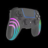 A gray PlayStation 5 controller featuring vibrant pink and cyan RGB lighting accents.