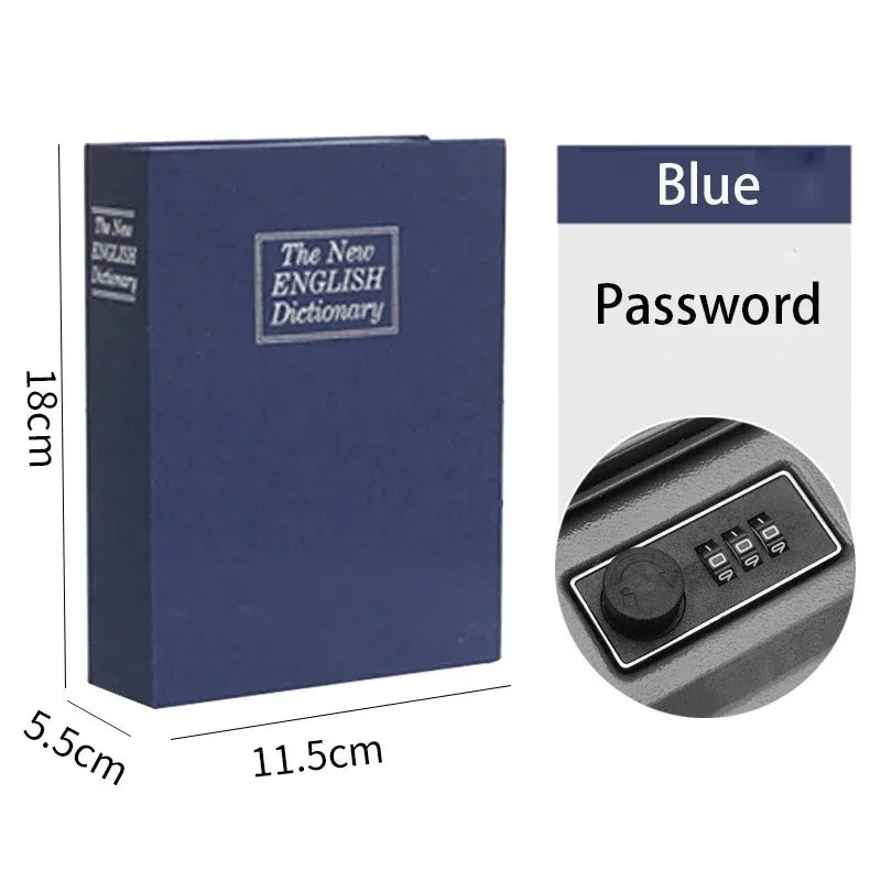 A dark blue mini secret cash storage box with a blue password lock visible next to it.