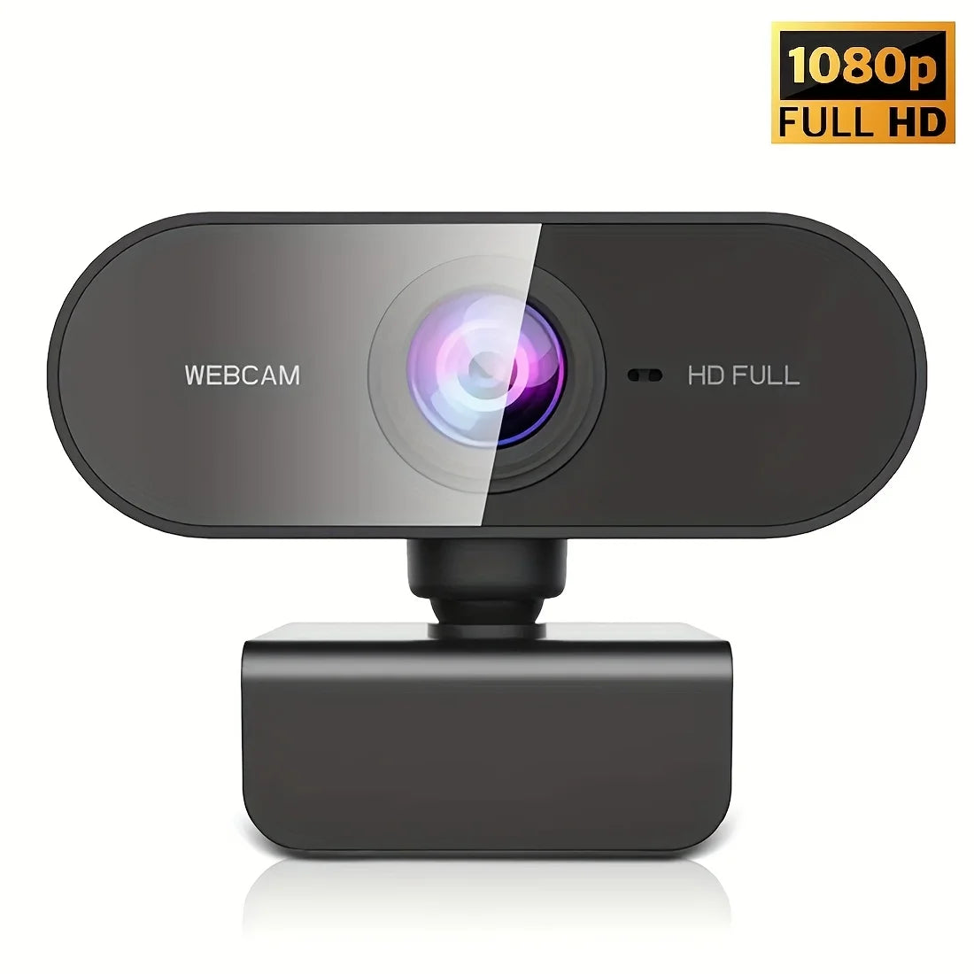 A black full HD webcam device with a lens and microphone is shown on a white background.